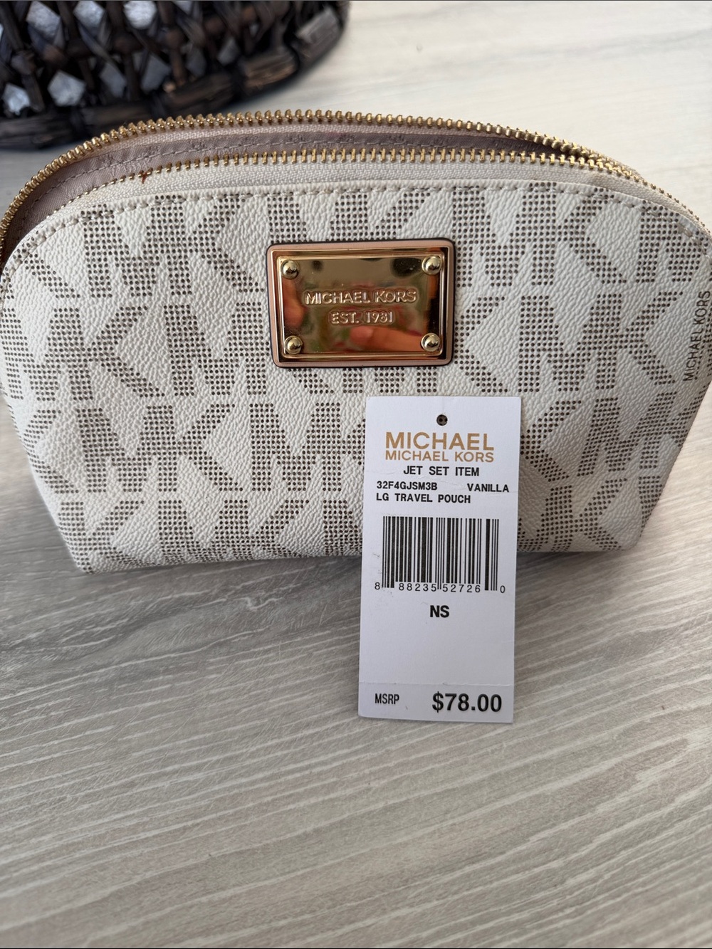 Michael Kors Vanilla Logo Jet Set Travel Pouch with Gold Plate
